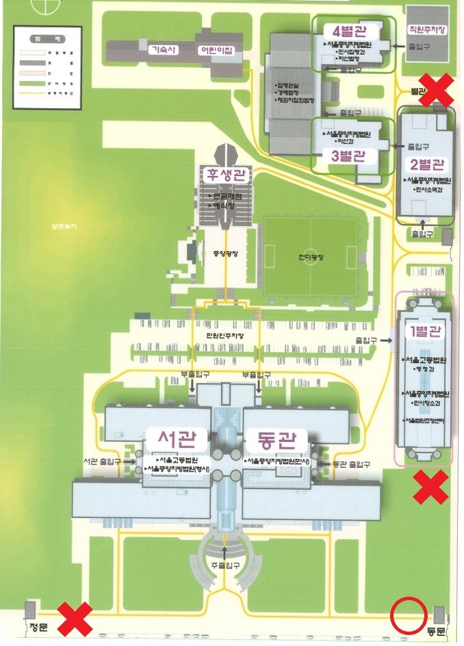 서울법원종합청사 배치도 – 동문으로 나오시면 가장 가깝습니다